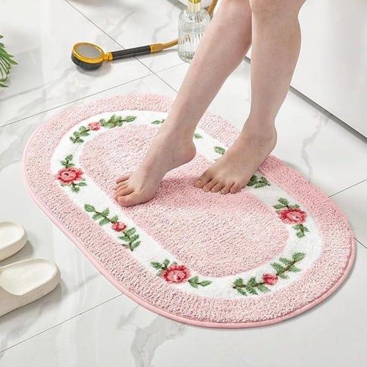 Tappeto da Bagno Ovale Floreale Antiscivolo in Morbida Microfibra