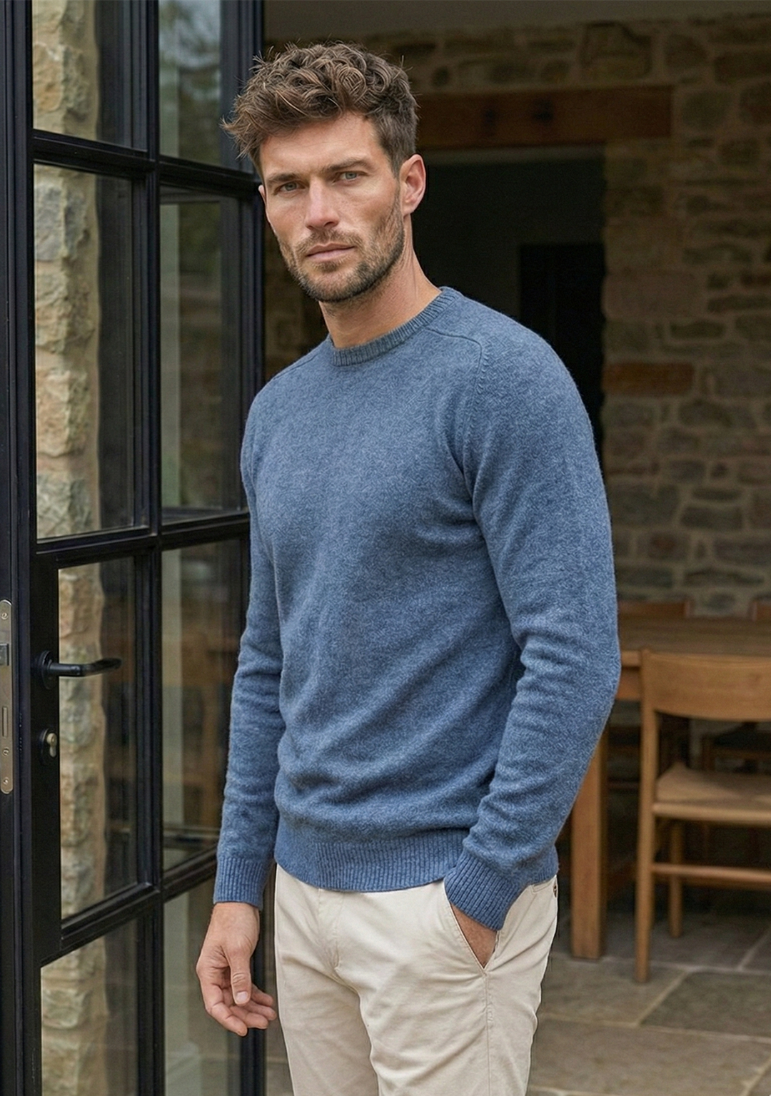 Pull en maille premium pour homme - Bleu acier