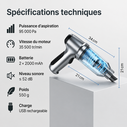 Aspirateur Voiture Sans Fil Puissant 95 000 PA - Compact & Portable