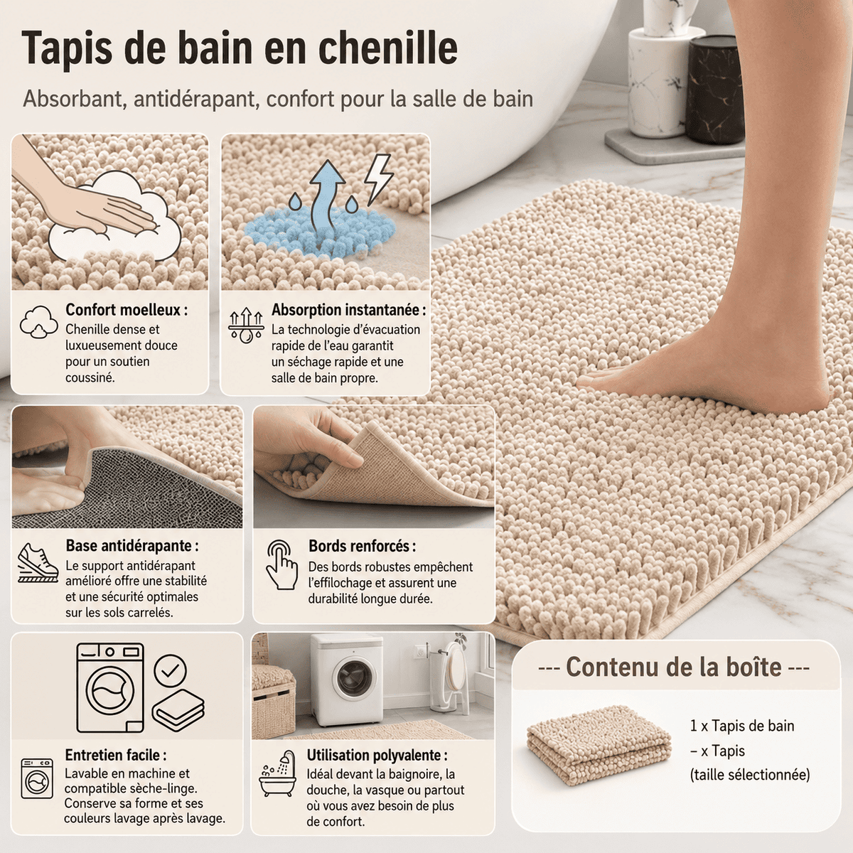 ChenilSoft - Tappeto da Bagno in Ciniglia Antiscivolo e Ultra Assorbente