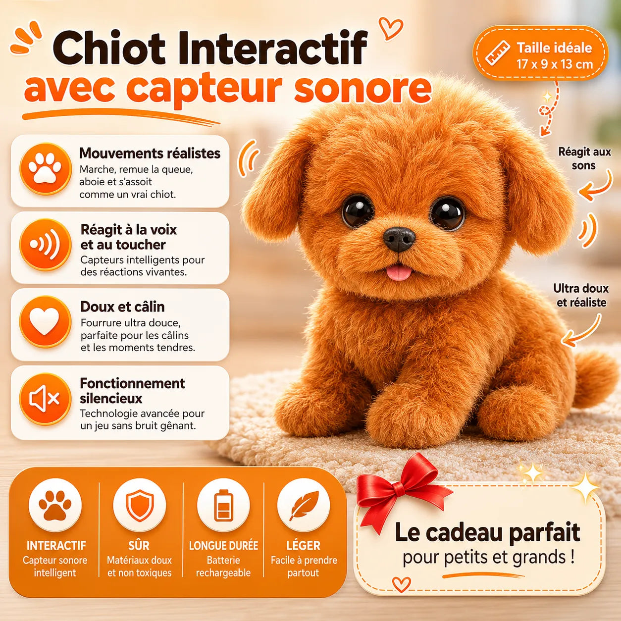 Chiot Robot Interactif Compagnon™ - Jouet Interactif avec Réactions à la Voix et au Toucher