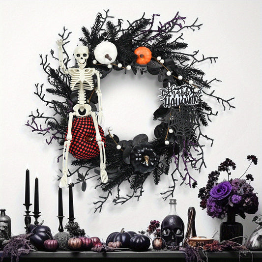 Couronne Gothique d'Halloween avec Squelette et Citrouilles - Décoration Effrayante 60 cm