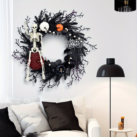 Couronne Gothique d'Halloween avec Squelette et Citrouilles - Décoration Effrayante 60 cm