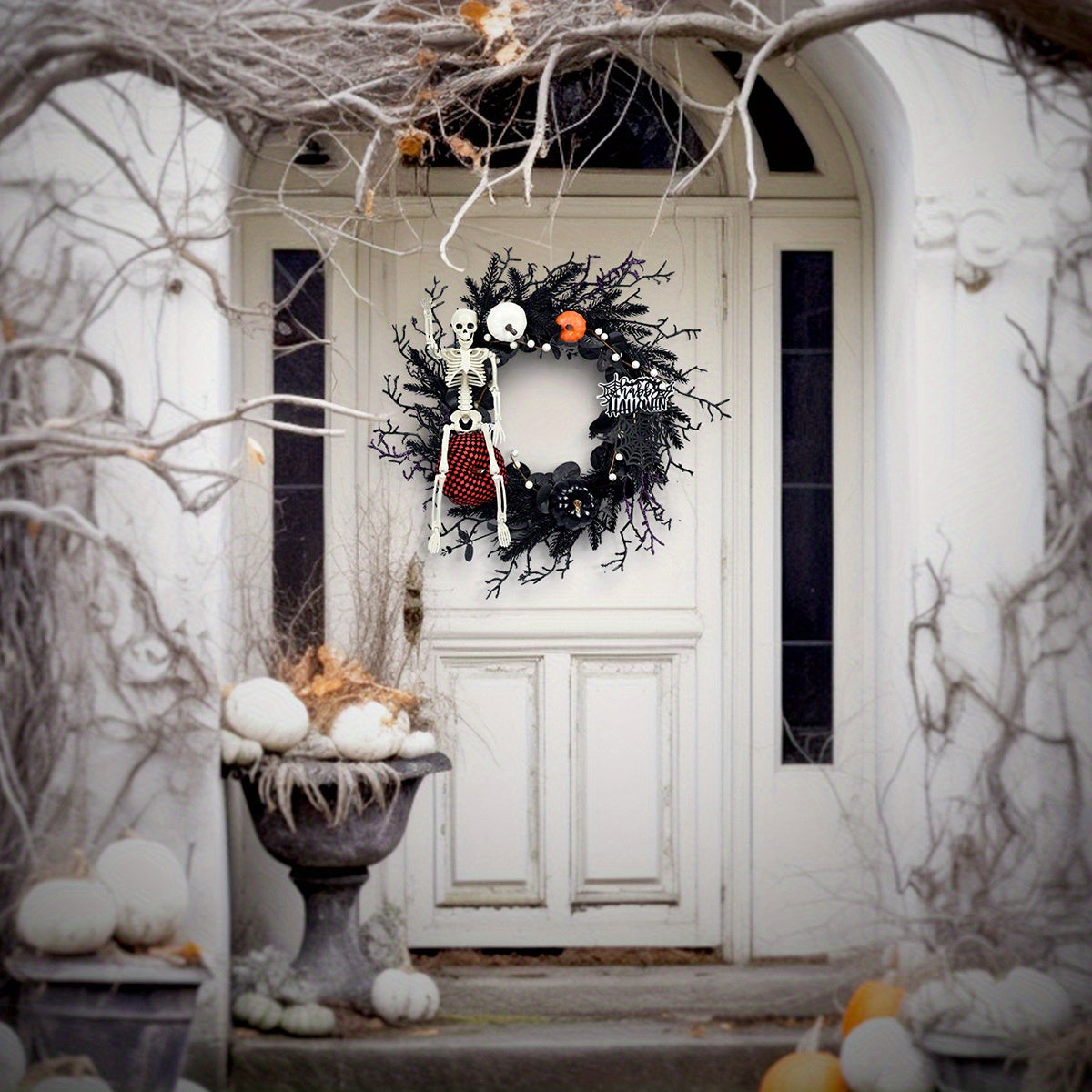 Couronne Gothique d'Halloween avec Squelette et Citrouilles - Décoration Effrayante 60 cm