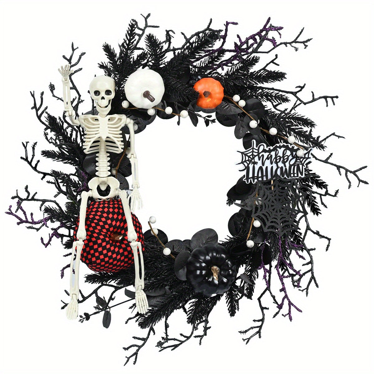 Couronne Gothique d'Halloween avec Squelette et Citrouilles - Décoration Effrayante 60 cm