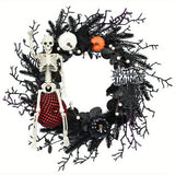 Couronne Gothique d'Halloween avec Squelette et Citrouilles - Décoration Effrayante 60 cm