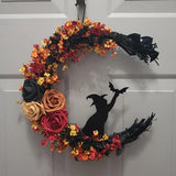 Couronne d'Halloween - Décoration Florale Sorcière en Croissant de Lune