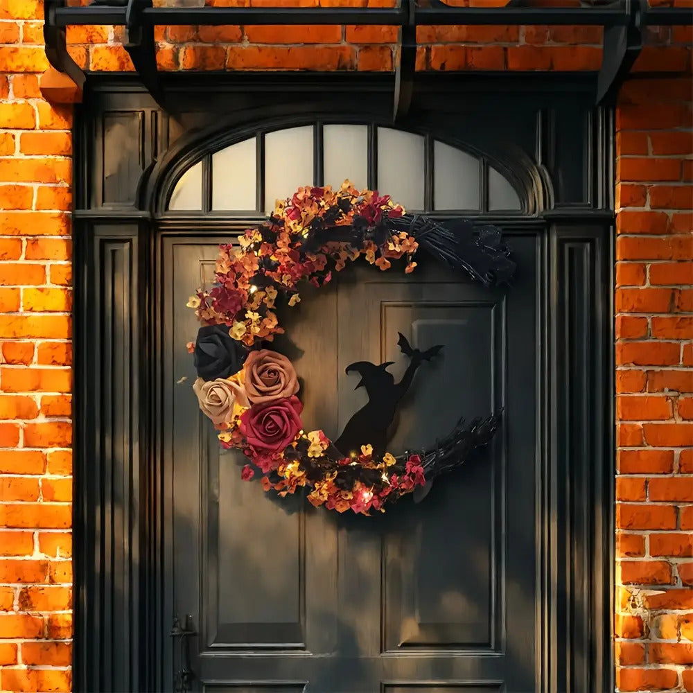 Couronne d'Halloween - Décoration Florale Sorcière en Croissant de Lune