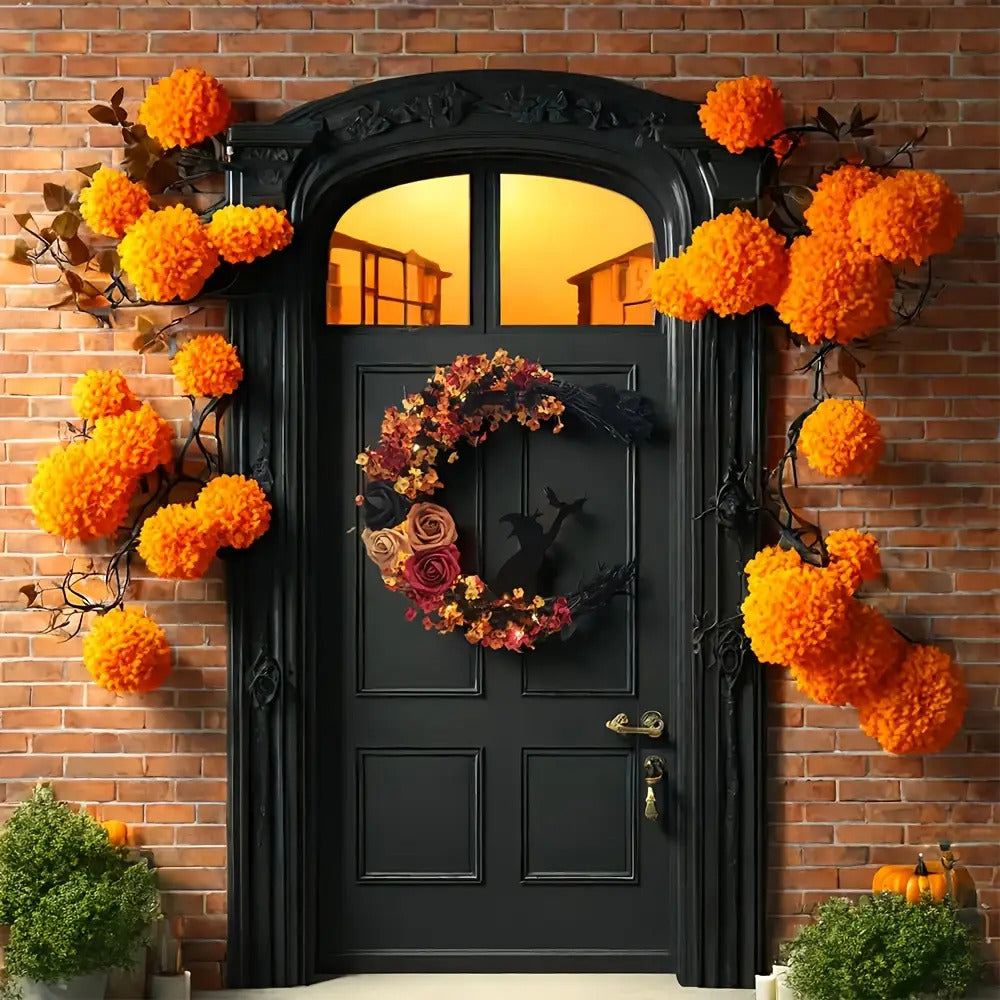 Couronne d'Halloween - Décoration Florale Sorcière en Croissant de Lune