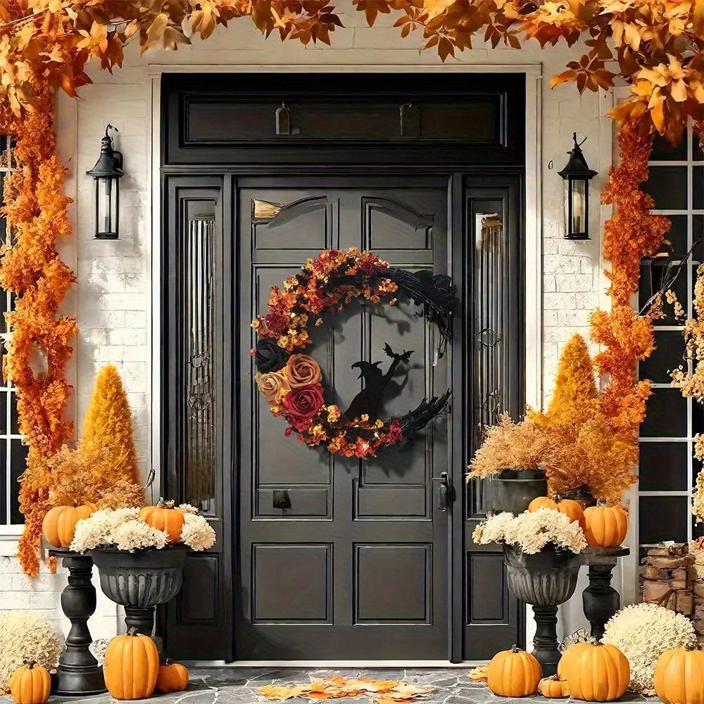 Couronne d'Halloween - Décoration Florale Sorcière en Croissant de Lune