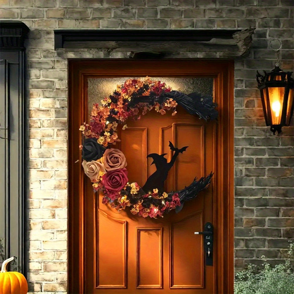 Couronne d'Halloween - Décoration Florale Sorcière en Croissant de Lune