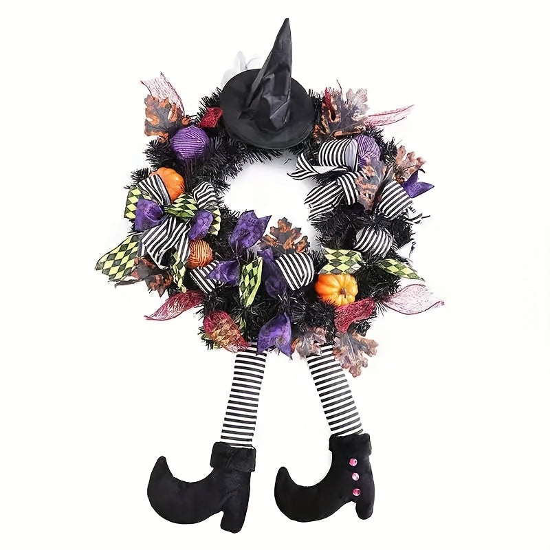 Couronne de porte Halloween - Décoration avec jambes de sorcière et accessoires festifs