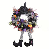 Couronne de porte Halloween - Décoration avec jambes de sorcière et accessoires festifs