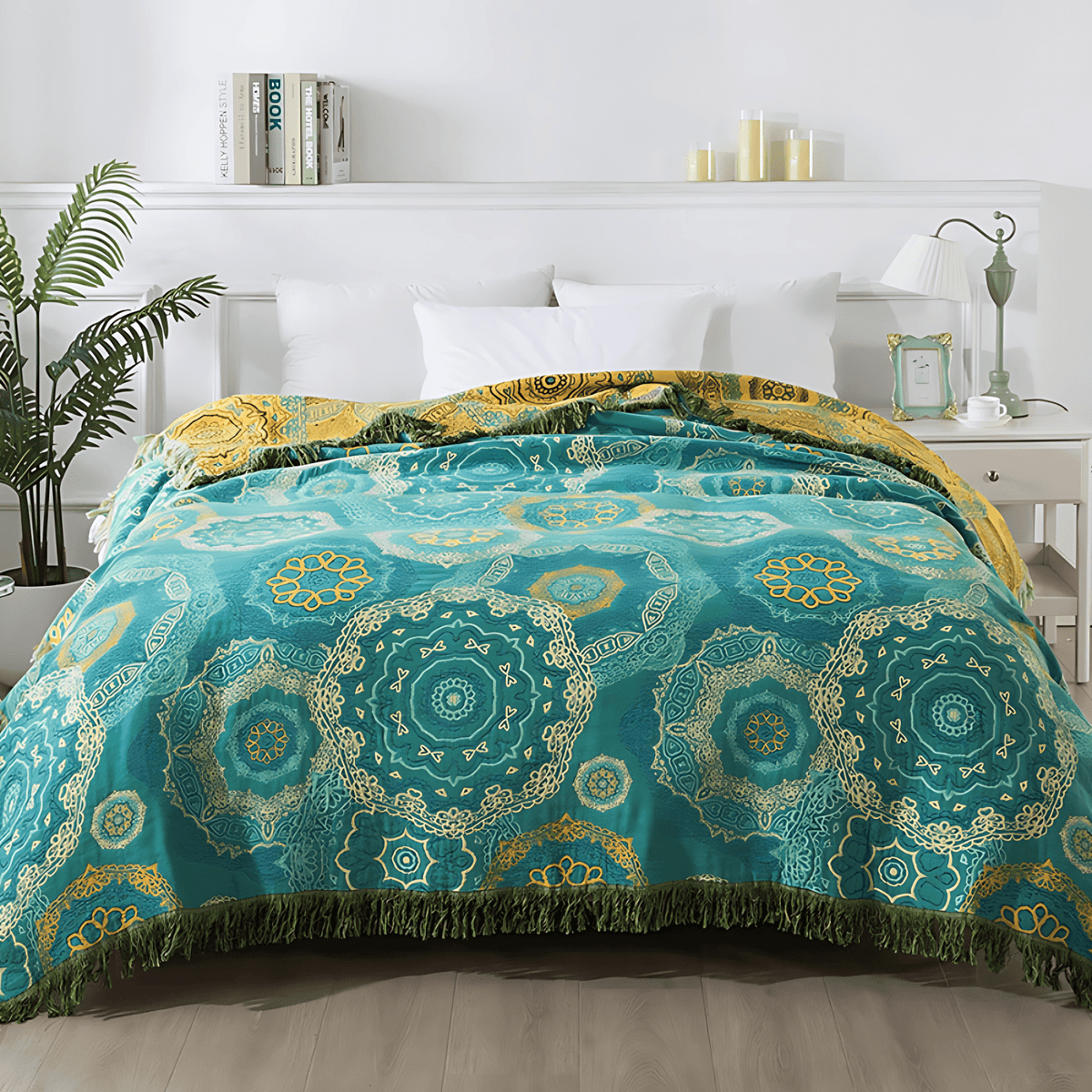 Coperta Mandala Teal in Cotone - Eleganza Bohemien