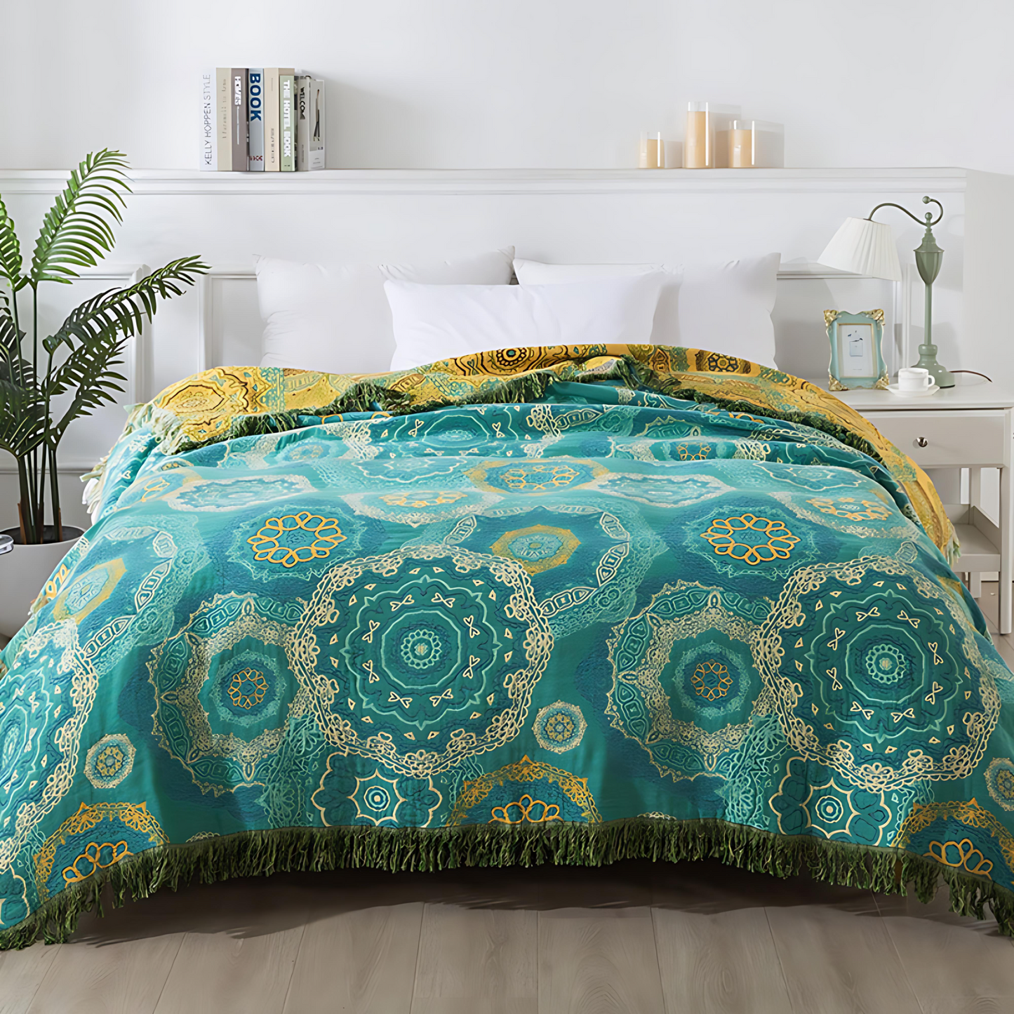 Couverture Mandala Teal en Coton - Élégance Bohémienne