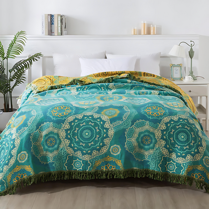 Couverture Mandala Teal en Coton - Élégance Bohémienne