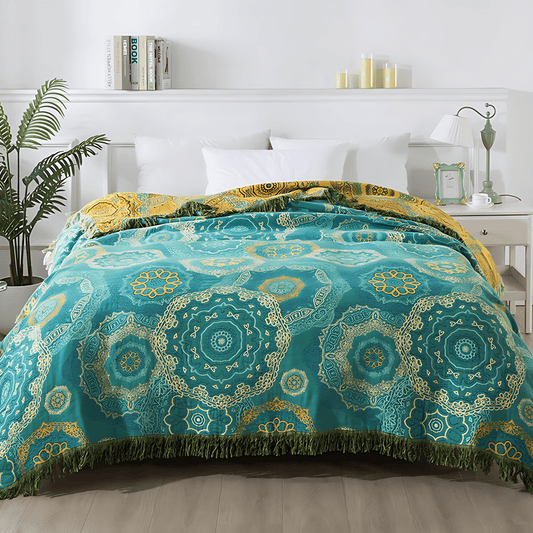 Coperta Mandala Teal in Cotone - Eleganza Bohemien