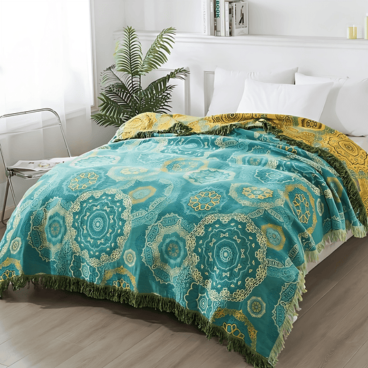 Coperta Mandala Teal in Cotone - Eleganza Bohemien
