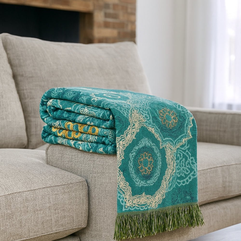 Coperta Mandala Teal in Cotone - Eleganza Bohemien