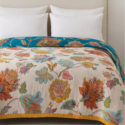 Couverture Réversible en Coton Flora - Design Floral Vintage Doux et Élégant