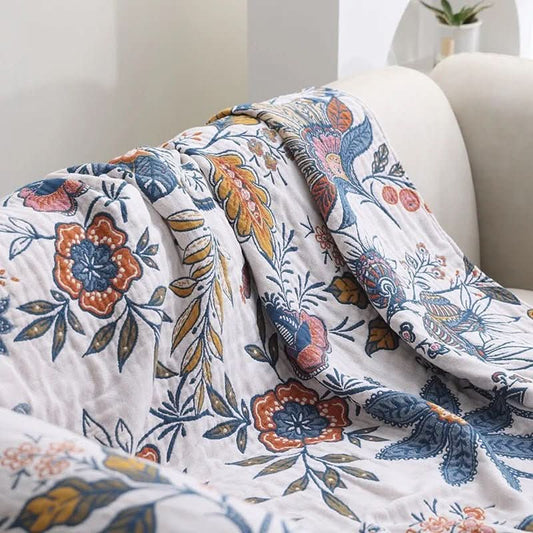 Couverture Réversible en Coton Floral - Confort Naturel pour Canapé et Lit