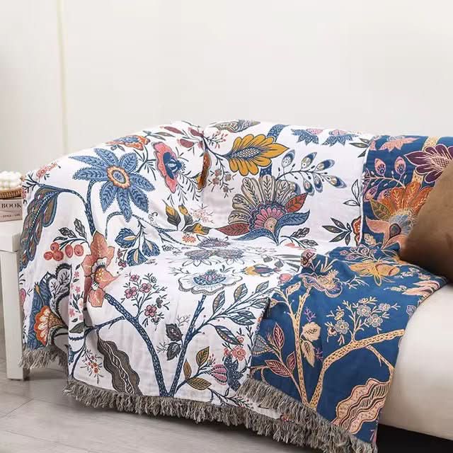 Couverture Réversible en Coton Floral - Confort Naturel pour Canapé et Lit