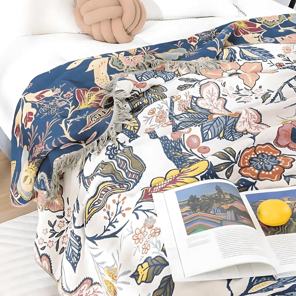 Couverture Réversible en Coton Floral - Confort Naturel pour Canapé et Lit
