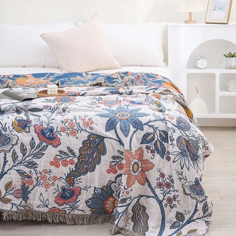 Couverture Réversible en Coton Floral - Confort Naturel pour Canapé et Lit