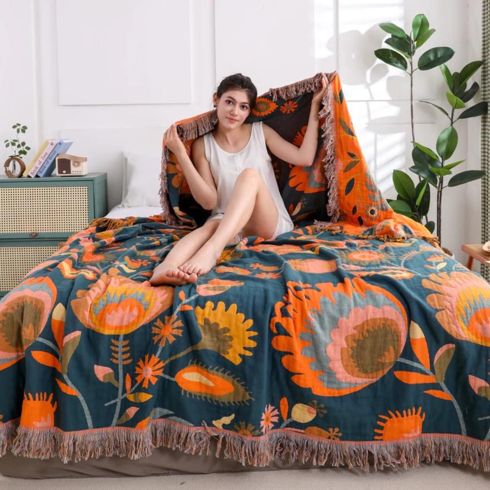 Couverture en Coton Bohème avec Motif Floral Élégant