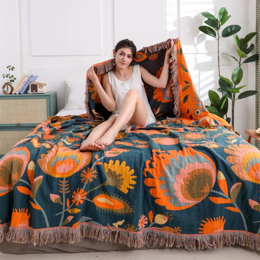 Coperta in Cotone Bohemien con Elegante Motivo Floreale
