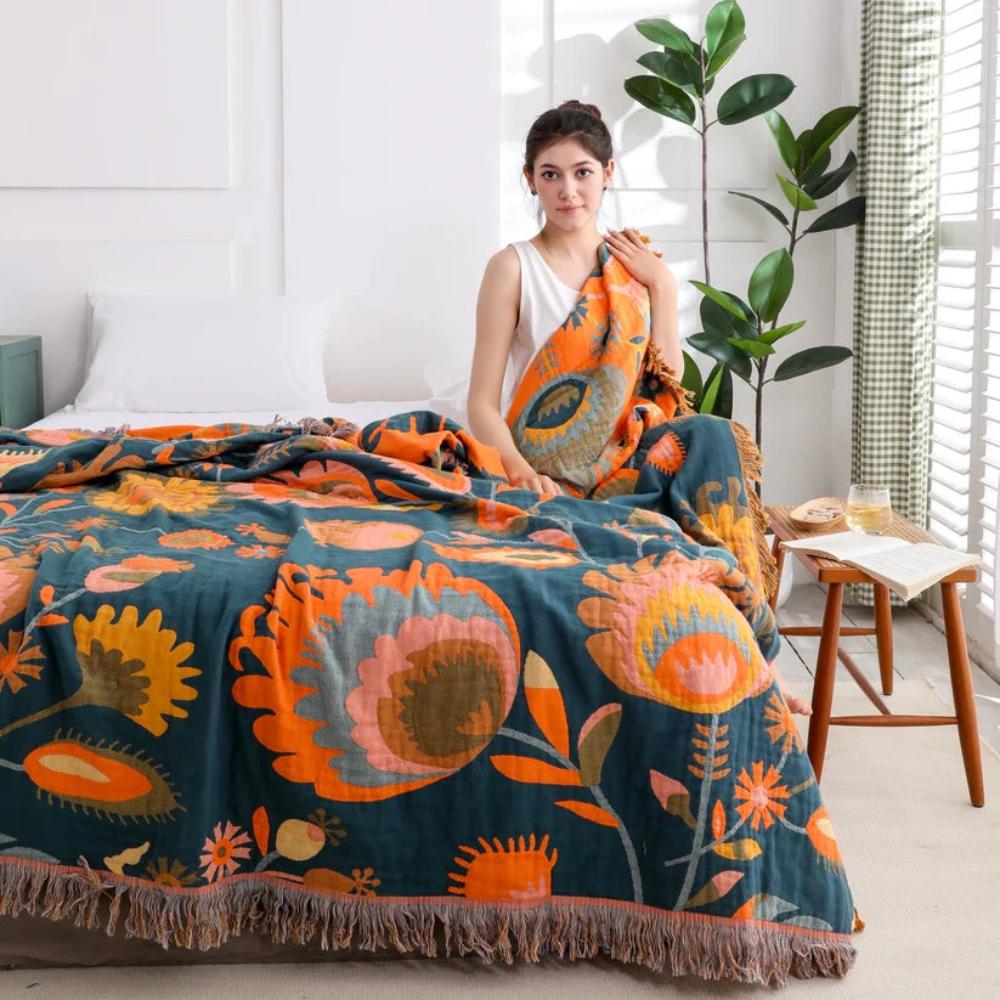Couverture en Coton Bohème avec Motif Floral Élégant