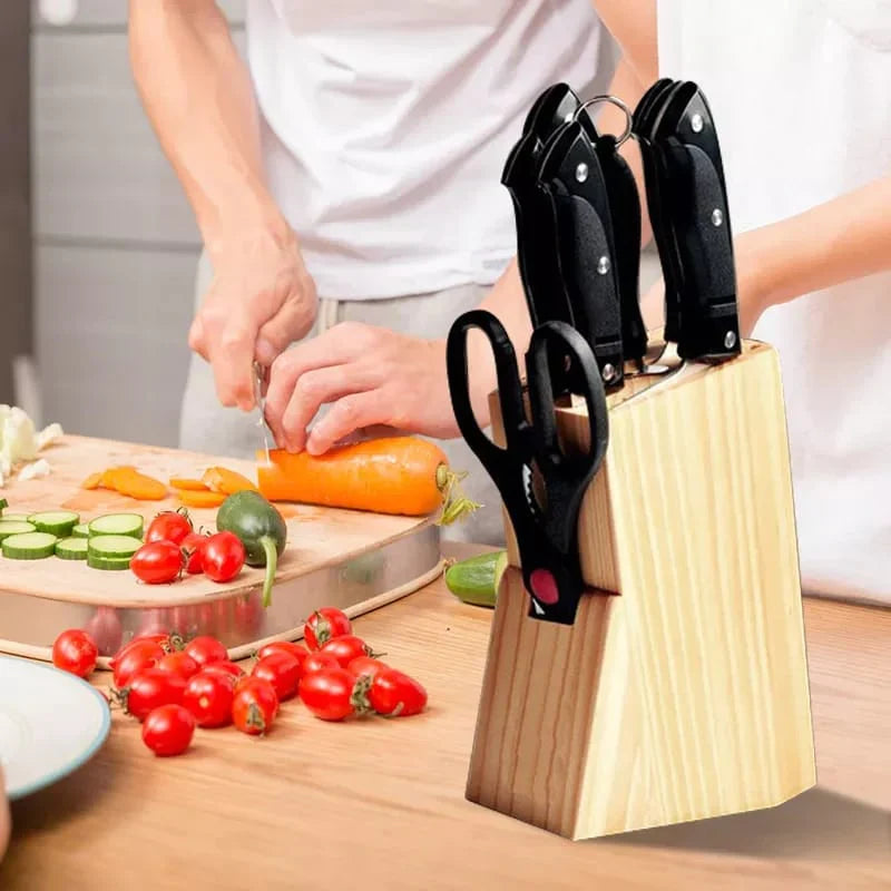 Ensemble de Couteaux de Cuisine 7 Pièces en Acier Inoxydable avec Support en Bois