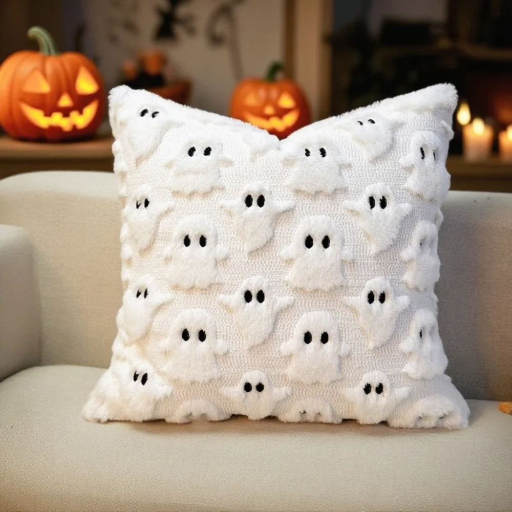 Housse de Coussin Halloween Fantôme 3D en Peluche Douce
