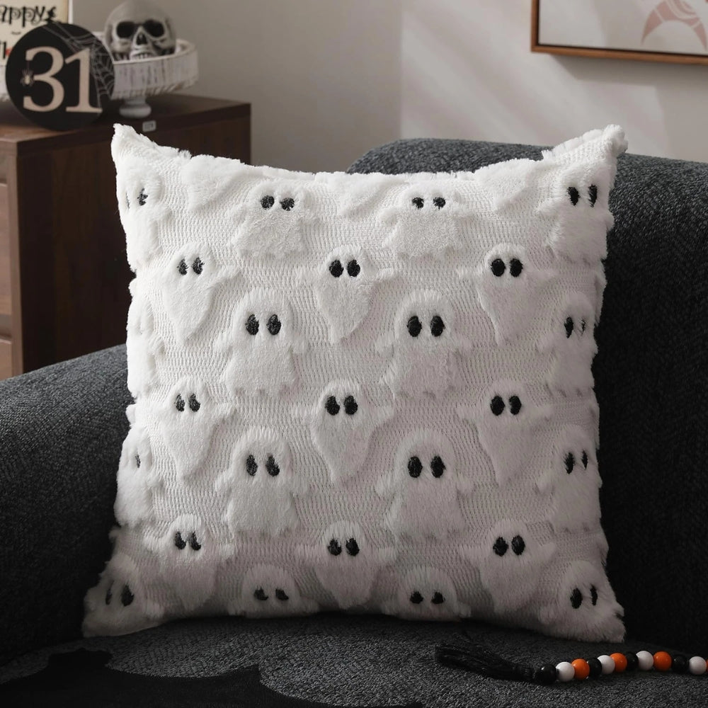 Housse de Coussin Halloween Fantôme 3D en Peluche Douce