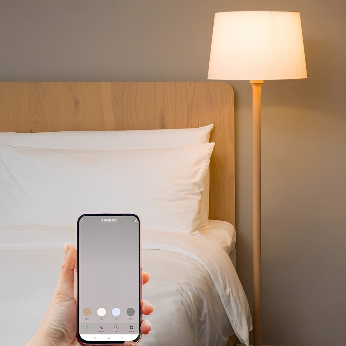 Lampadaire LED Moderne en Bois de Hêtre avec Abat-jour en Tissu