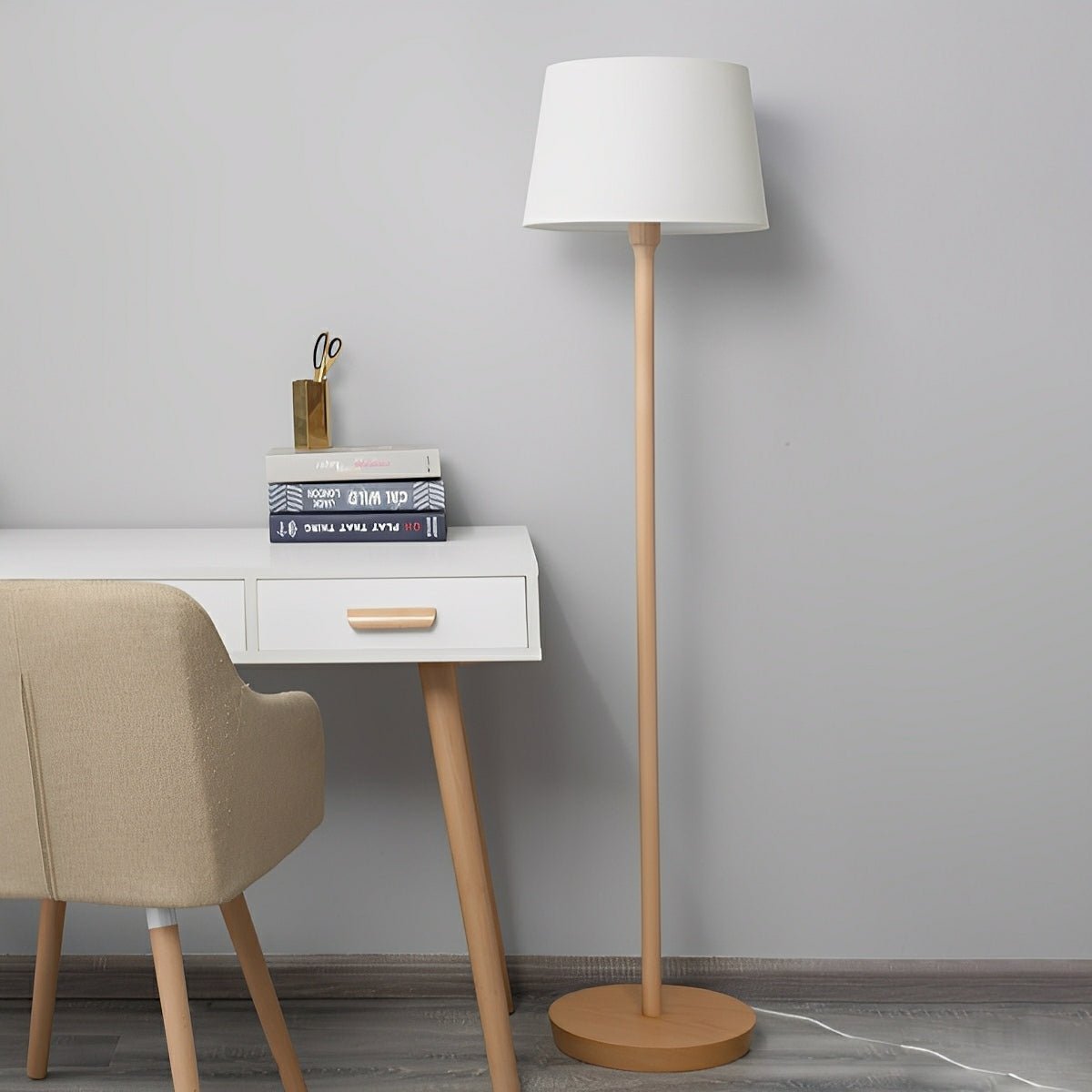 Lampadaire LED Moderne en Bois de Hêtre avec Abat-jour en Tissu