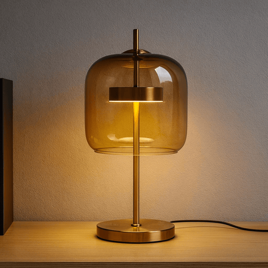 Lampada da Tavolo Aurelia in Vetro Colorato con Base in Ferro Dorato