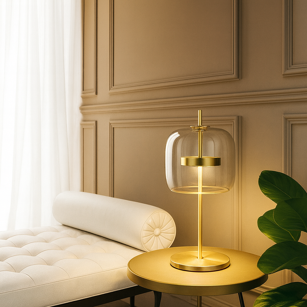 Lampe de Table Aurelia en Vitrail avec Base en Fer Doré