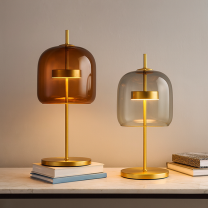 Lampe de Table Aurelia en Vitrail avec Base en Fer Doré