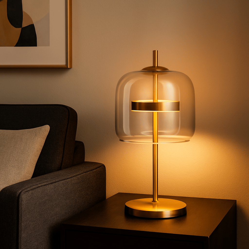 Lampe de Table Aurelia en Vitrail avec Base en Fer Doré