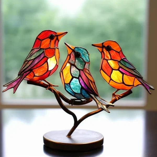 Oiseaux En Acrylique Teinté Sur Branche - Décoration Bureau Unique