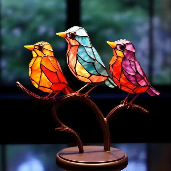 Oiseaux En Acrylique Teinté Sur Branche - Décoration Bureau Unique