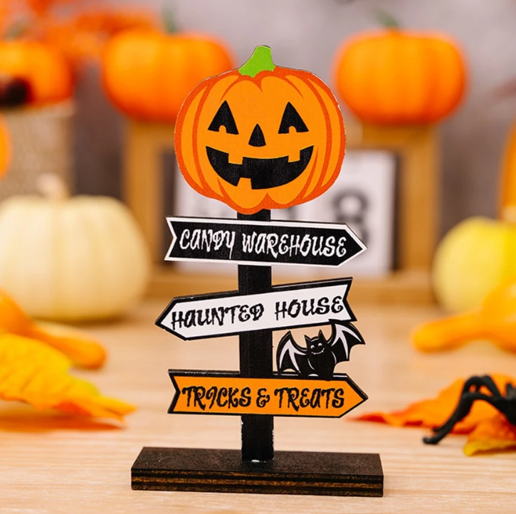 Panneau Décoration Halloween en Bois avec Fantôme et Citrouille