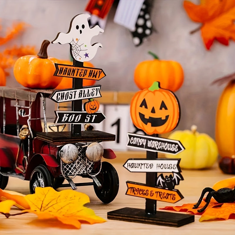 Panneau Décoration Halloween en Bois avec Fantôme et Citrouille