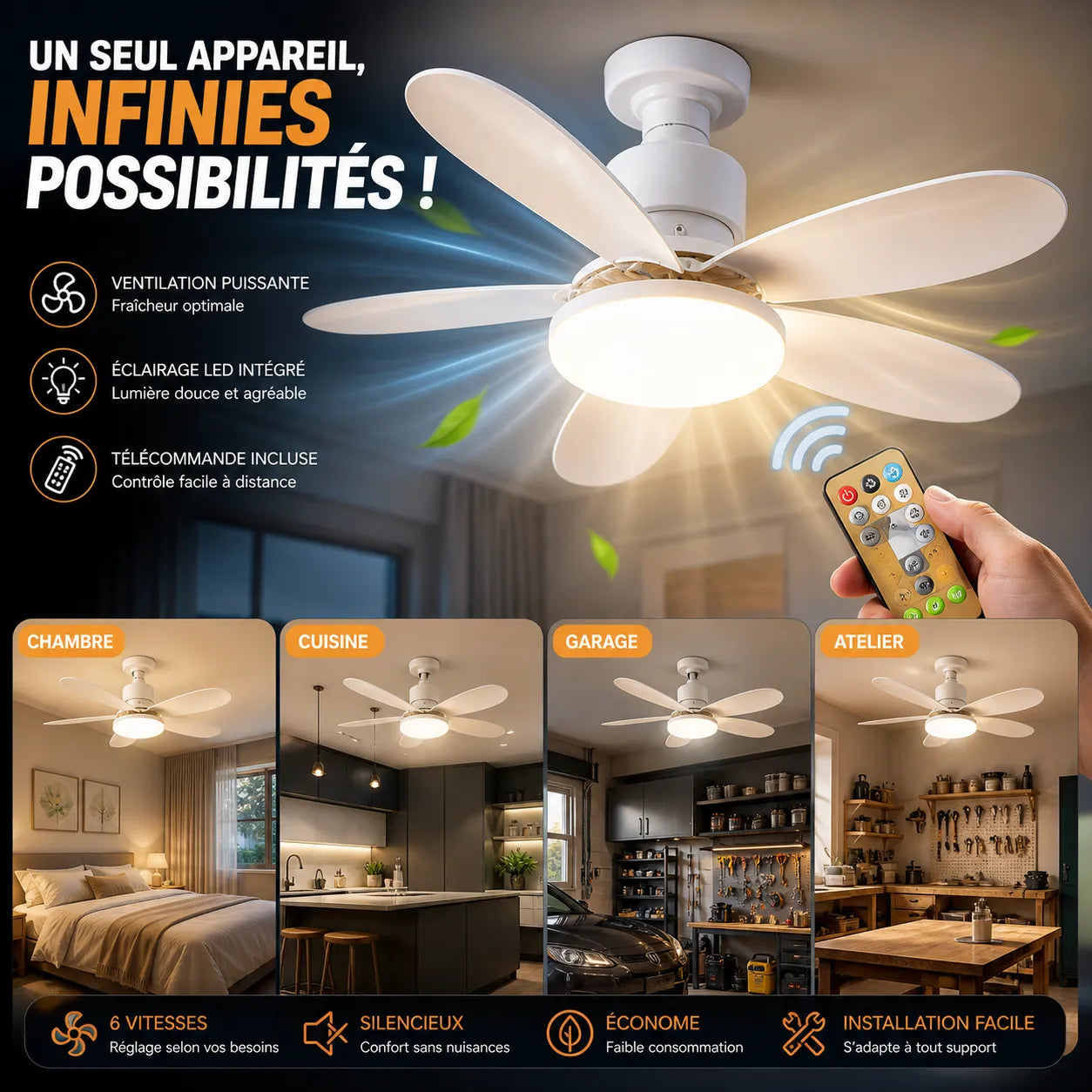 Plafonnier Ventilateur LED Éolia - Ventilation Silencieuse et Design Moderne