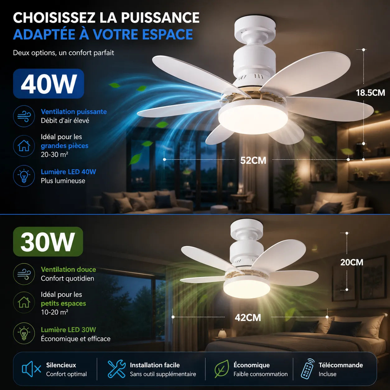 Plafonnier Ventilateur LED Éolia - Ventilation Silencieuse et Design Moderne