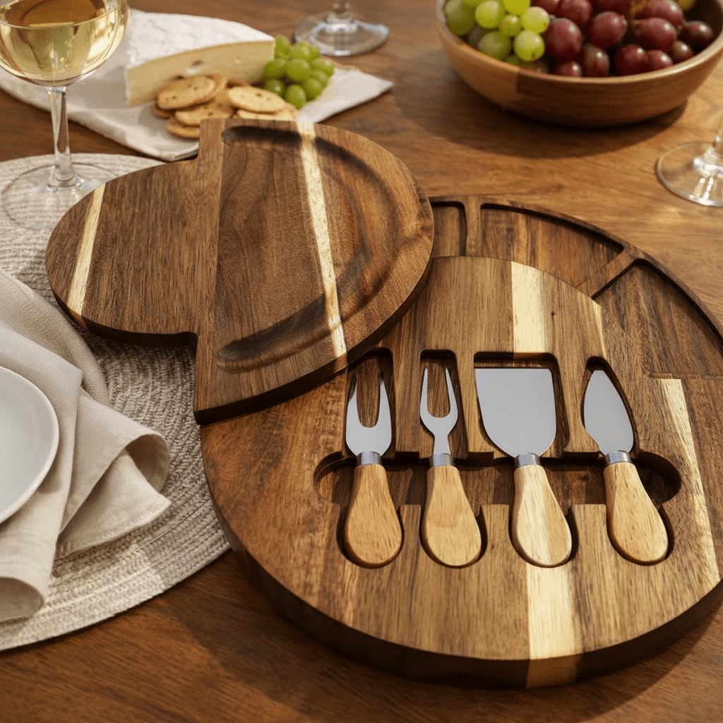 Planche à Charcuterie en Bois d'Acacia avec Bols et Couteaux - Planche Apero Élégante 33 cm