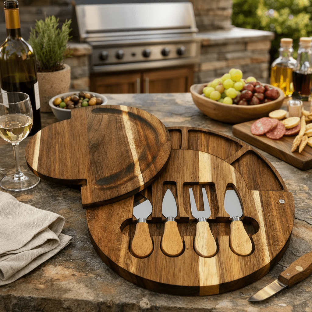 Planche à Charcuterie en Bois d'Acacia avec Bols et Couteaux - Planche Apero Élégante 33 cm