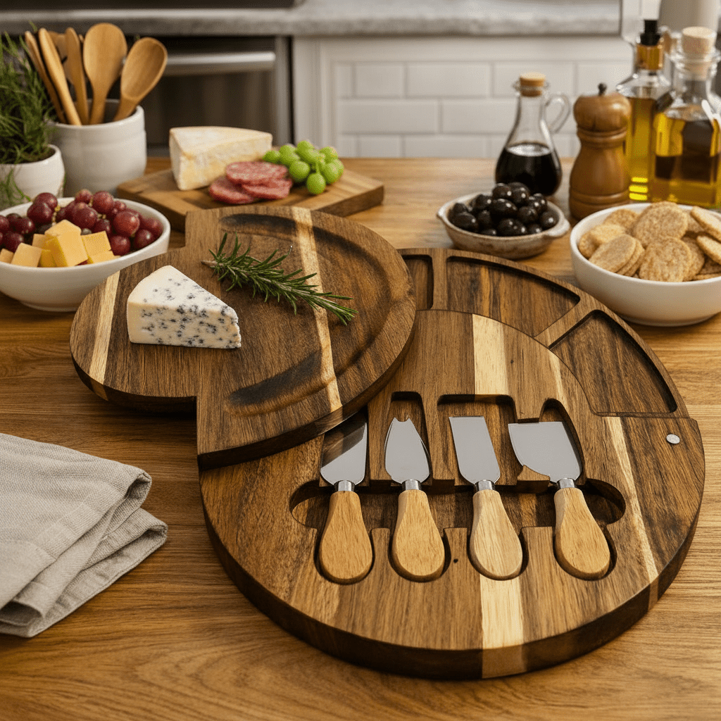 Planche à Charcuterie en Bois d'Acacia avec Bols et Couteaux - Planche Apero Élégante 33 cm