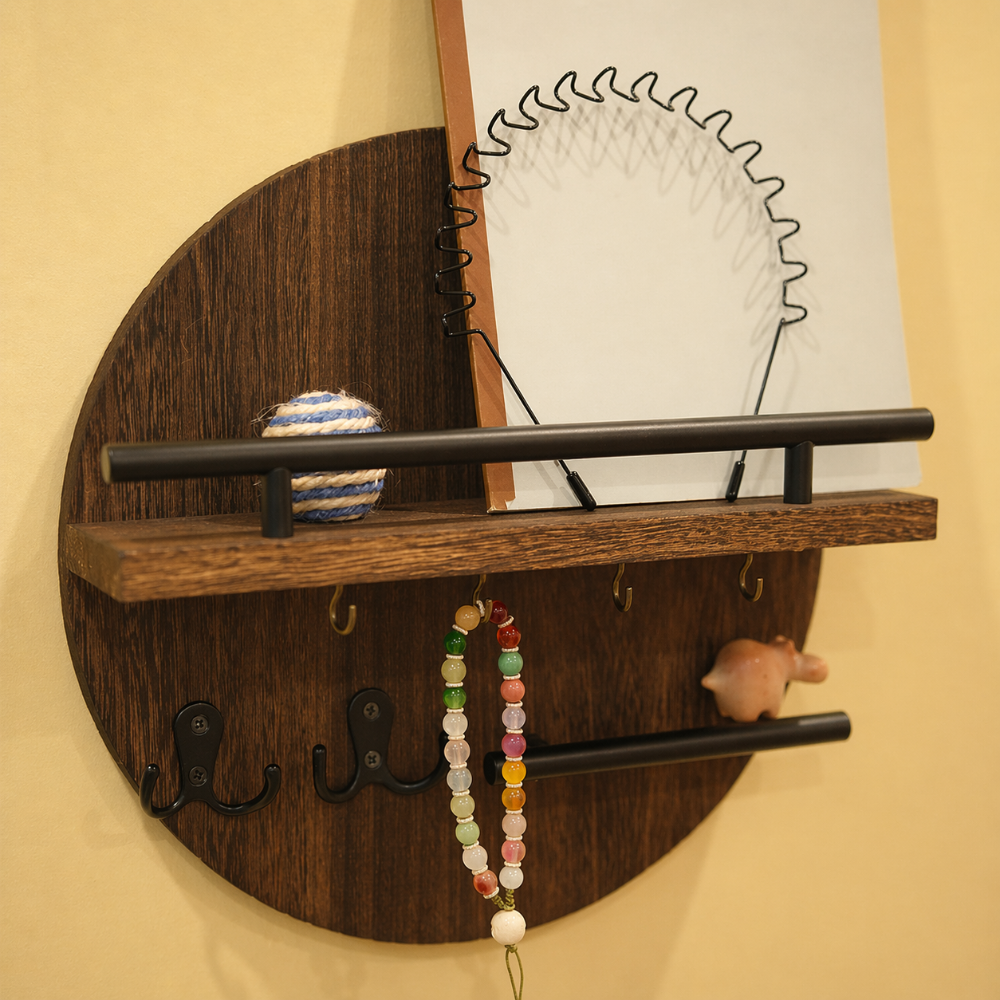 Porte-clés mural en bois avec étagère élégante et crochets